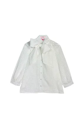 Big Bow Blouse - White Sheer Gingham Raglan Sleeve