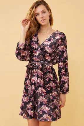 Boho Aesthetic Floral Burnout Velvet Belted Wrap Dress