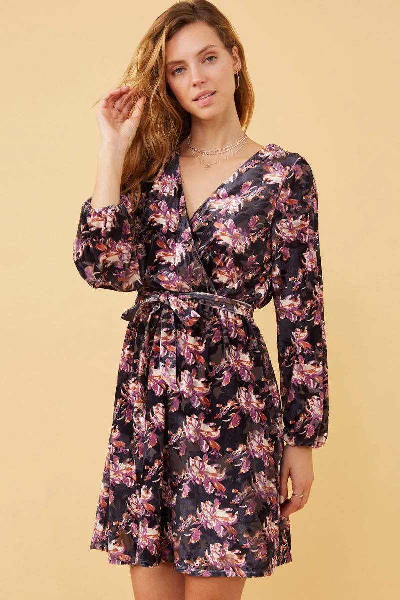Floral Burnout Velvet Belted Wrap Dress Feminine Line Modern Finish