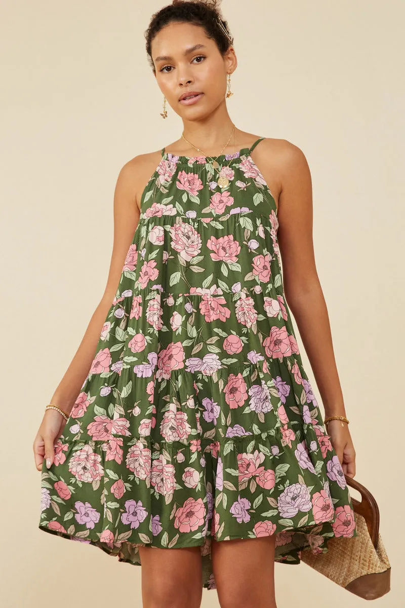 Style Option Holiday-Party Romantic Floral Halter Neck Tiered Midi Dress