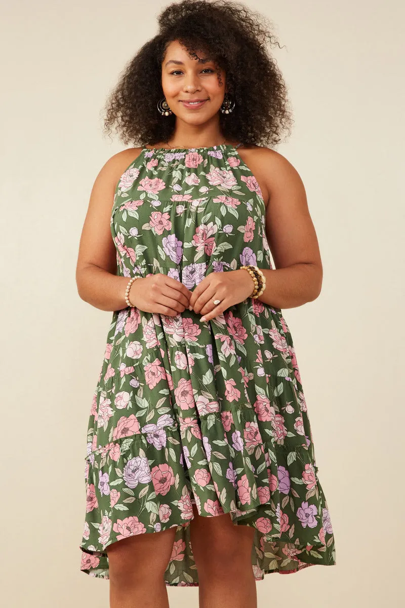 Romantic Floral Halter Neck Tiered Midi Dress Quick Glam Invisible-Zip