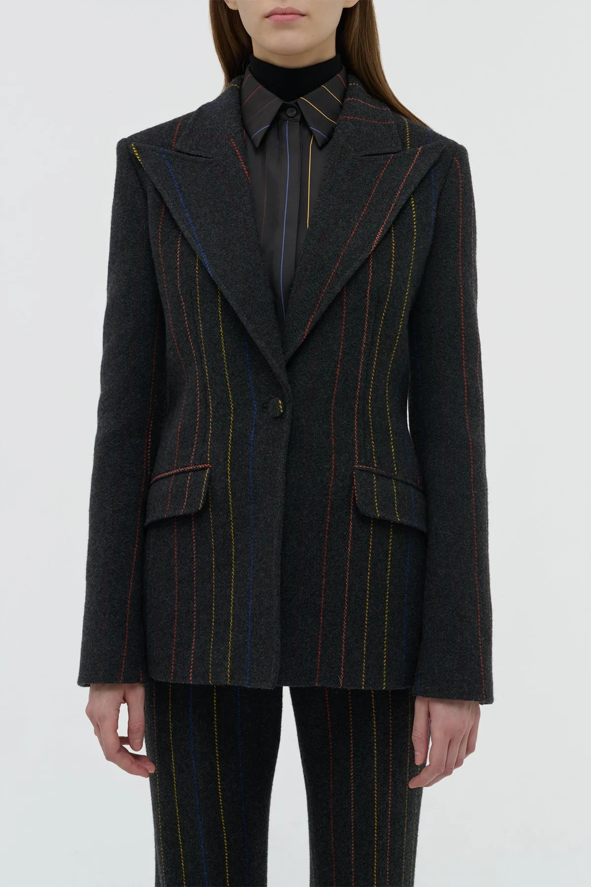 Flexible Cuffs Leiva Blazer in Charcoal Multi Pinstripe Wool Cashmere