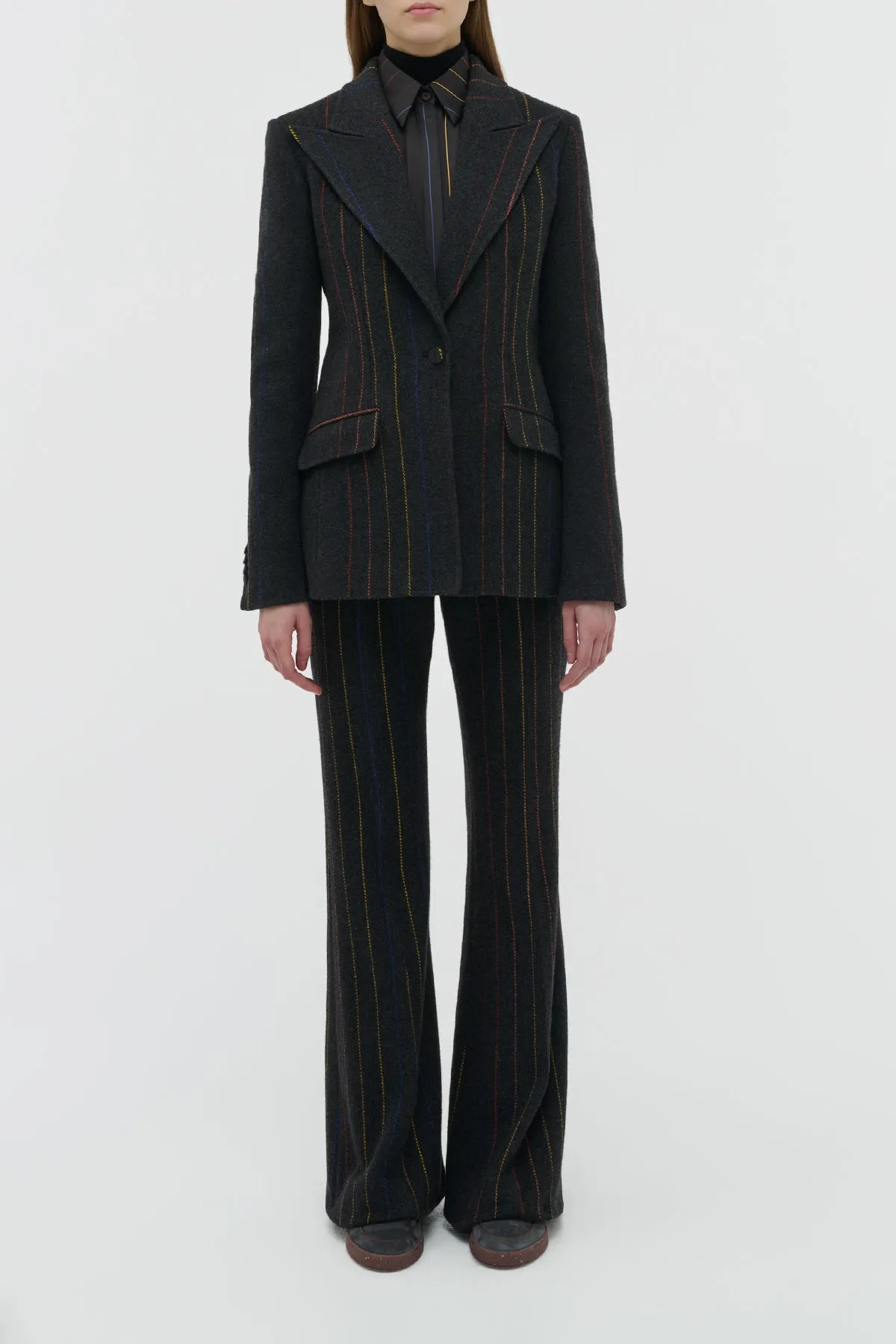 Ultra Soft Texture Leiva Blazer in Charcoal Multi Pinstripe Wool Cashmere