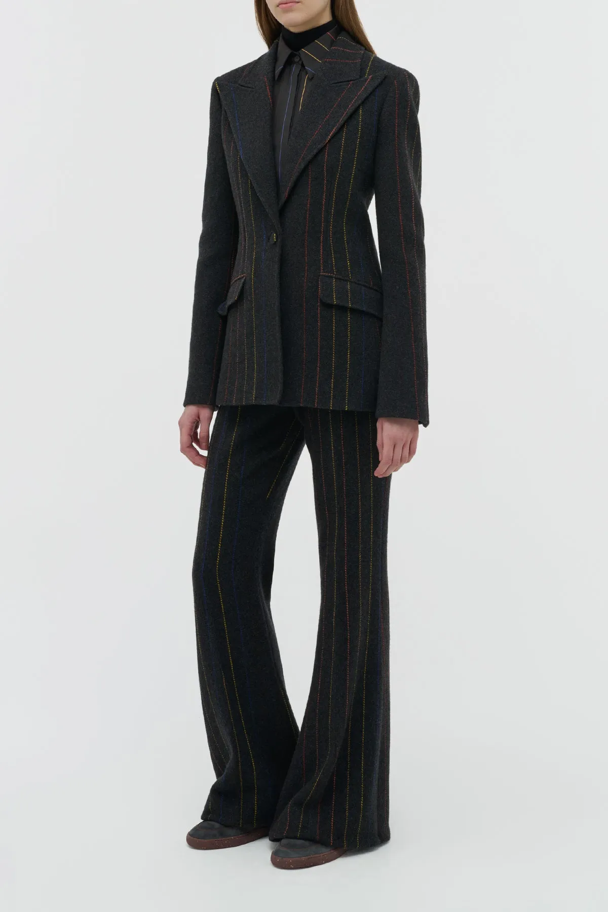 QuickReleaseFastenings Taped Neckline Leiva Blazer in Charcoal Multi Pinstripe Wool Cashmere