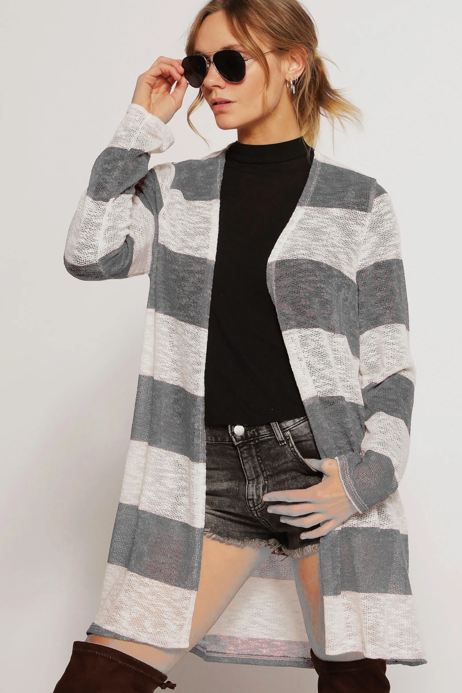 BJ5001-01 | WIDE STRIPE LOW GAUGE SLUB OPEN FRONT CARDIGAN Stretchable Fabric Sport Fit