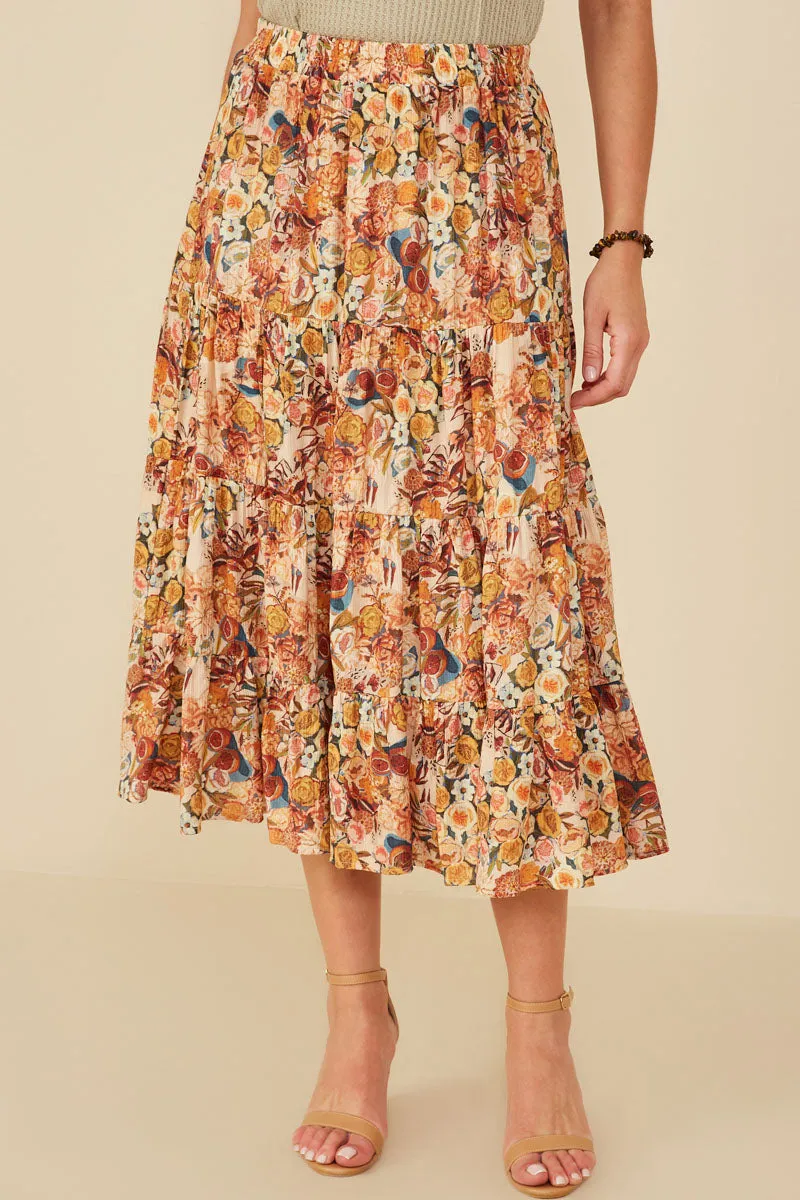 Bohemian Floral Elastic Waist Tiered Skirt Modern Utility