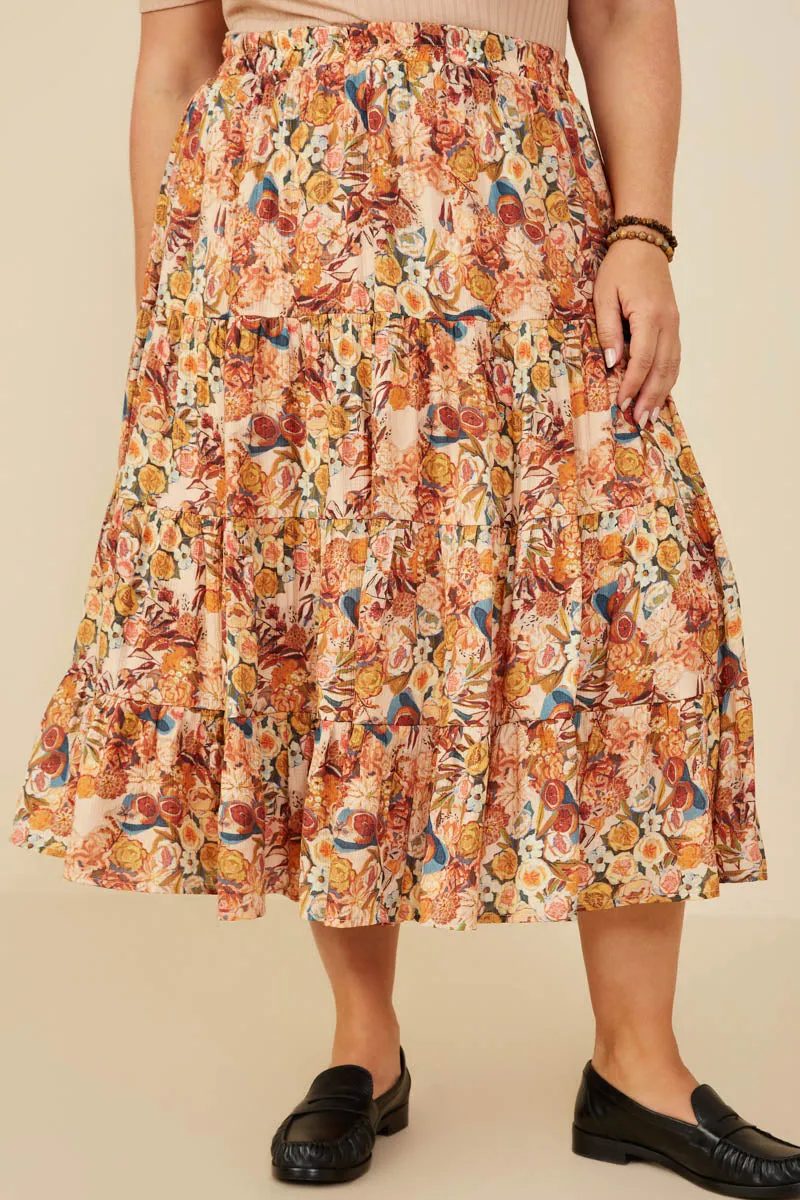 Bohemian Floral Elastic Waist Tiered Skirt Soft Brush Lining Reinforced Seams