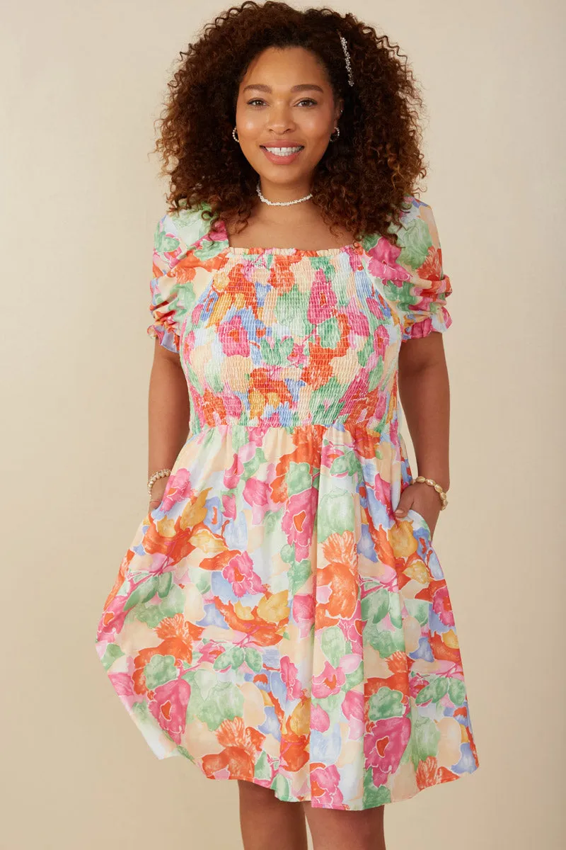 Bold Floral Smocked Square Neck Dress Refined Mood