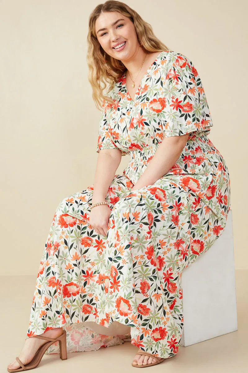 Versatile Cut Bold Floral Smocked Waist V Neck Dress