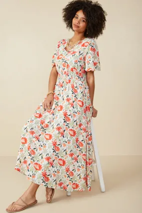 Sculpted Fit Bold Floral Smocked Waist V Neck Dress