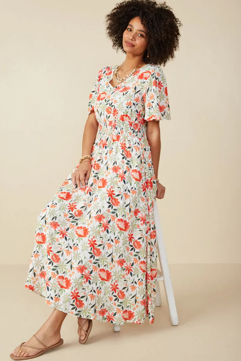 Subtle Texture Low Key Bold Floral Smocked Waist V Neck Dress