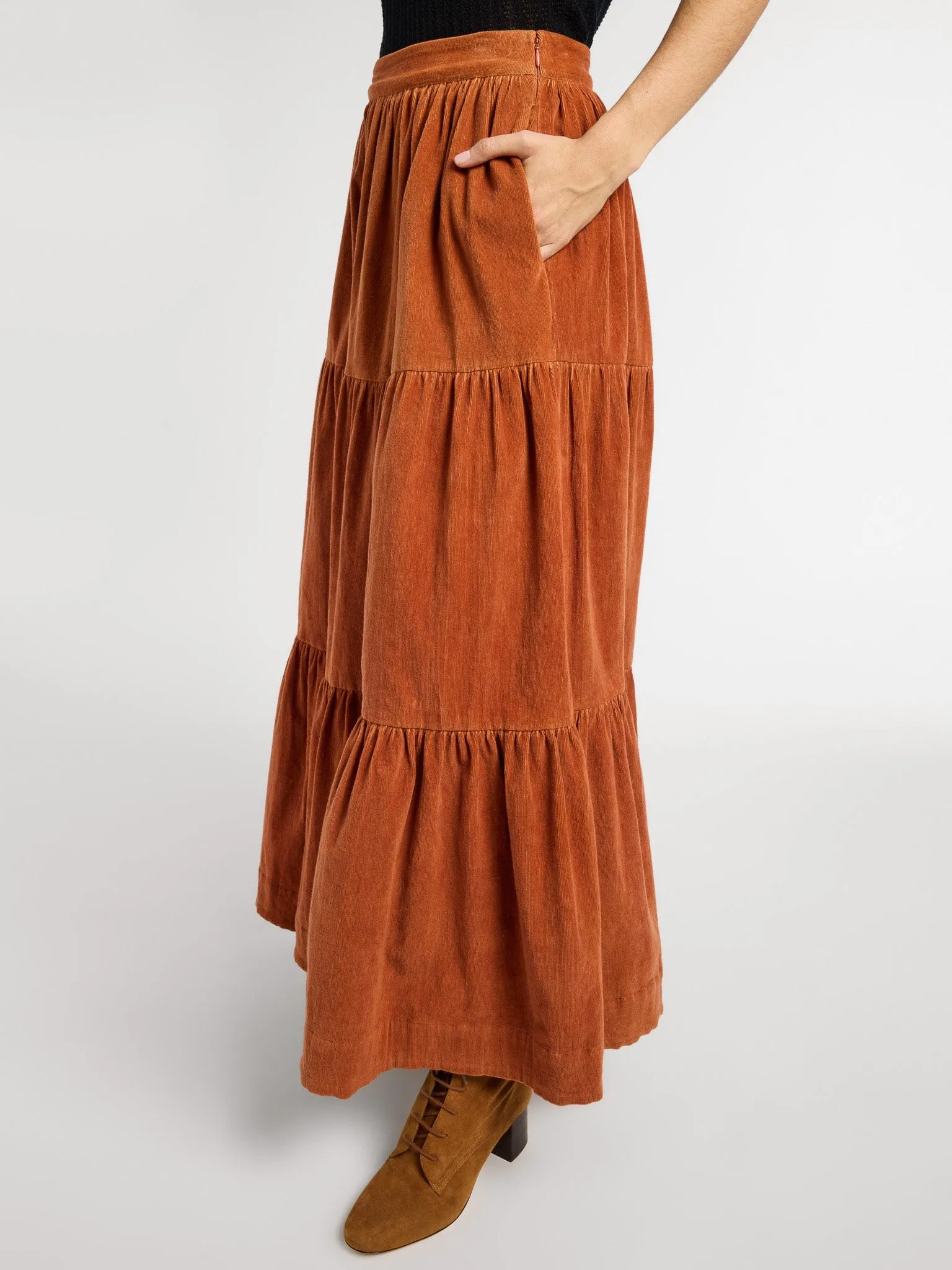 Paola Skirt in Cinnamon Cord Holiday Travel Outfit Mood
