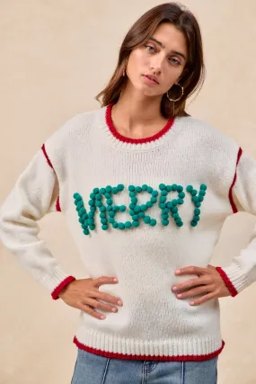 Versatile Style Dual Layer Insulation IT4702H-03 | CHRISTMAS THEME POMPOM LATTERING MERRY SWEATER TOP