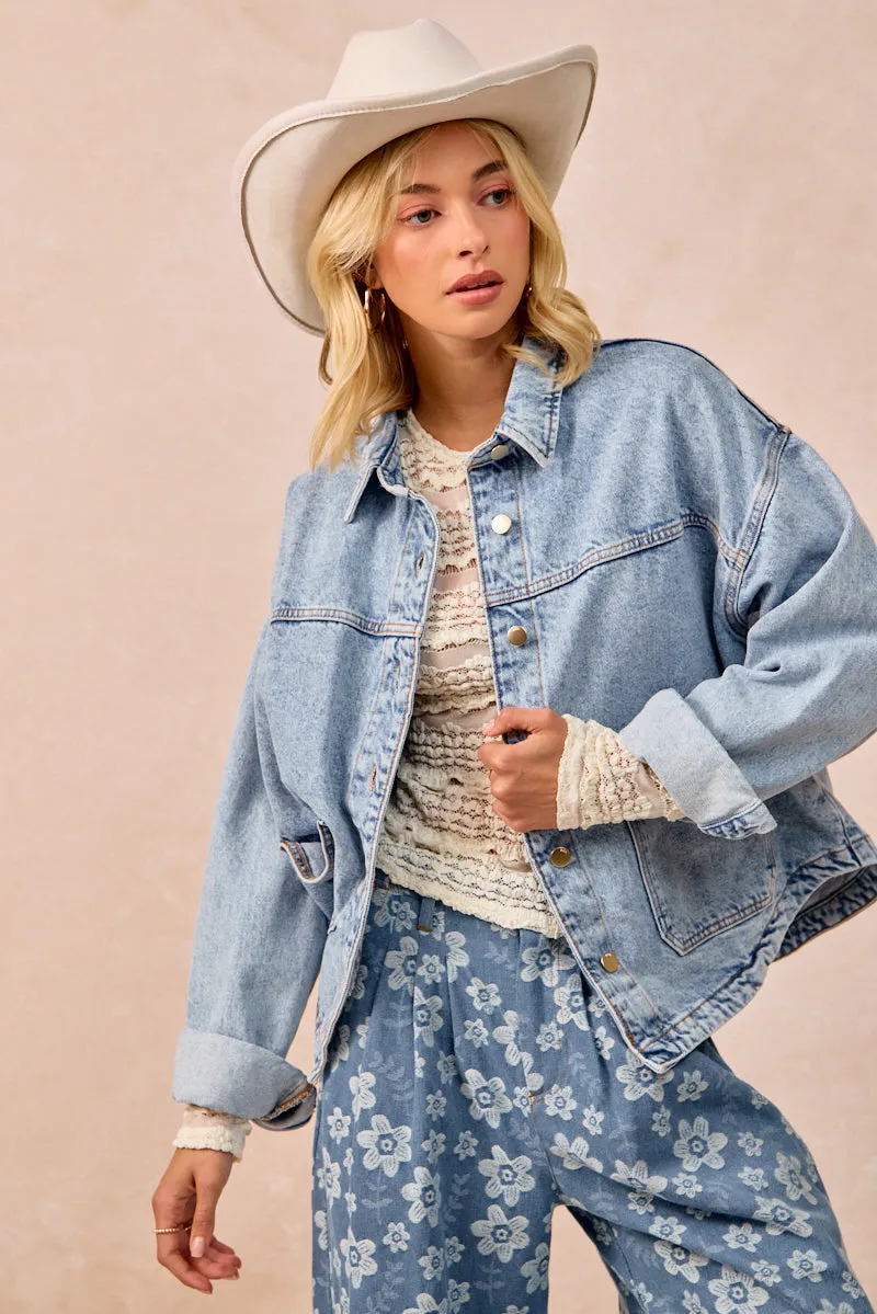 EcoFriendly Dye Trendy Feel IT4447S-01 | WASHED DENIM JACKET WITH DOUBLE POCKET BACK PLEAT