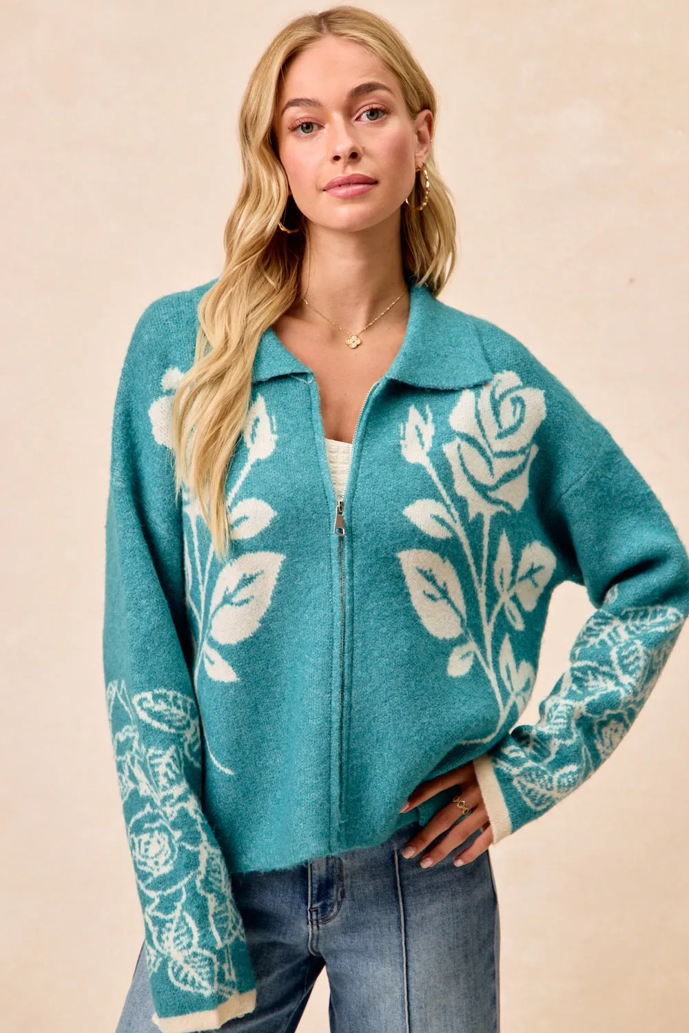 Air Circulation FlameRetardantTreatment IT4693-01 | FLOWER ARTWORK SWEATER CARDIGAN