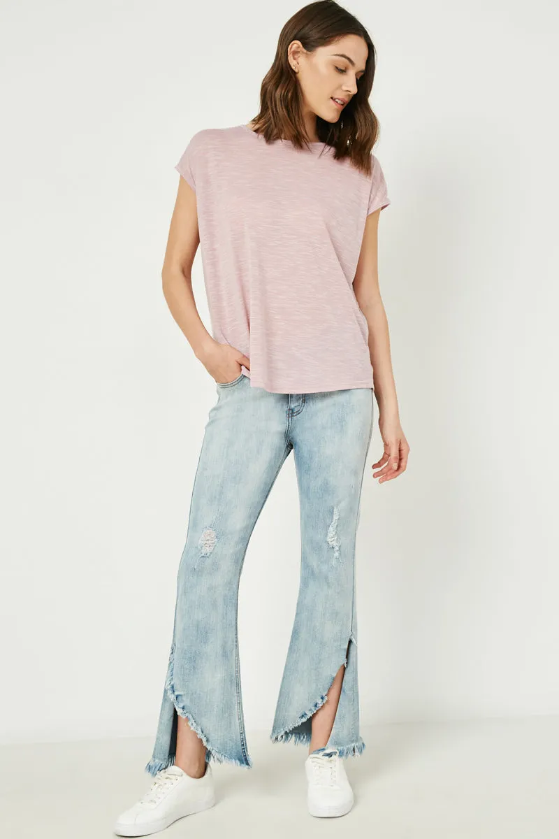 Reinforced Knees Frayed Distressed Denim Flare Jeans