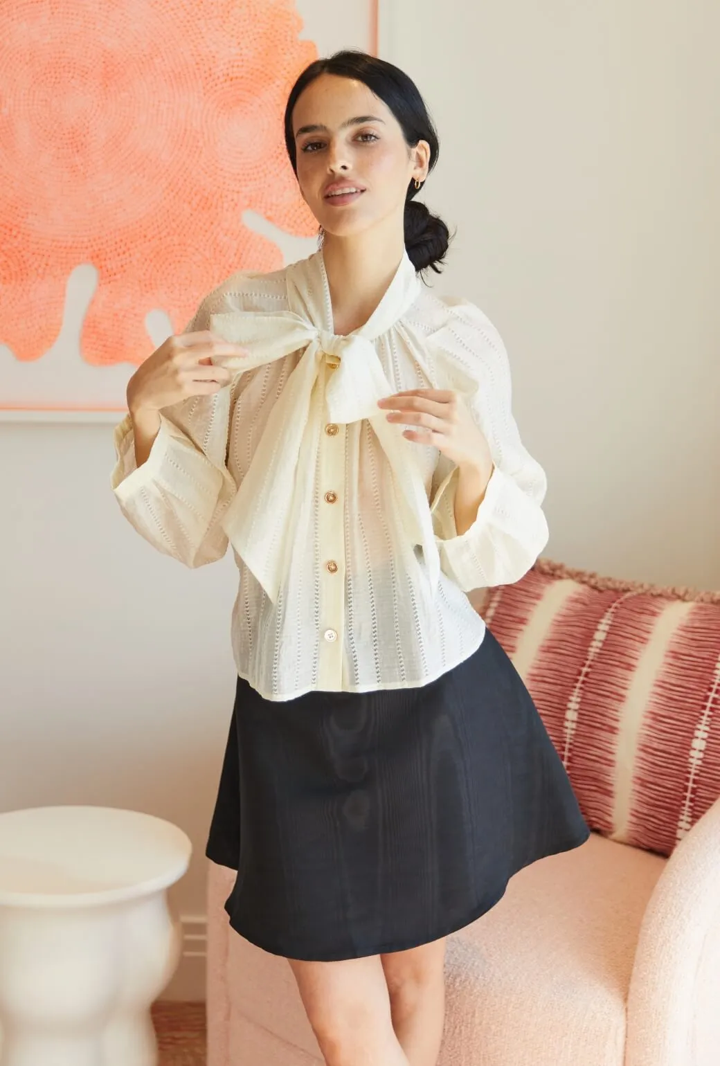 Cropped Big Bow Blouse - Sheer Ivory EthicallySourced ButtonDownCollar