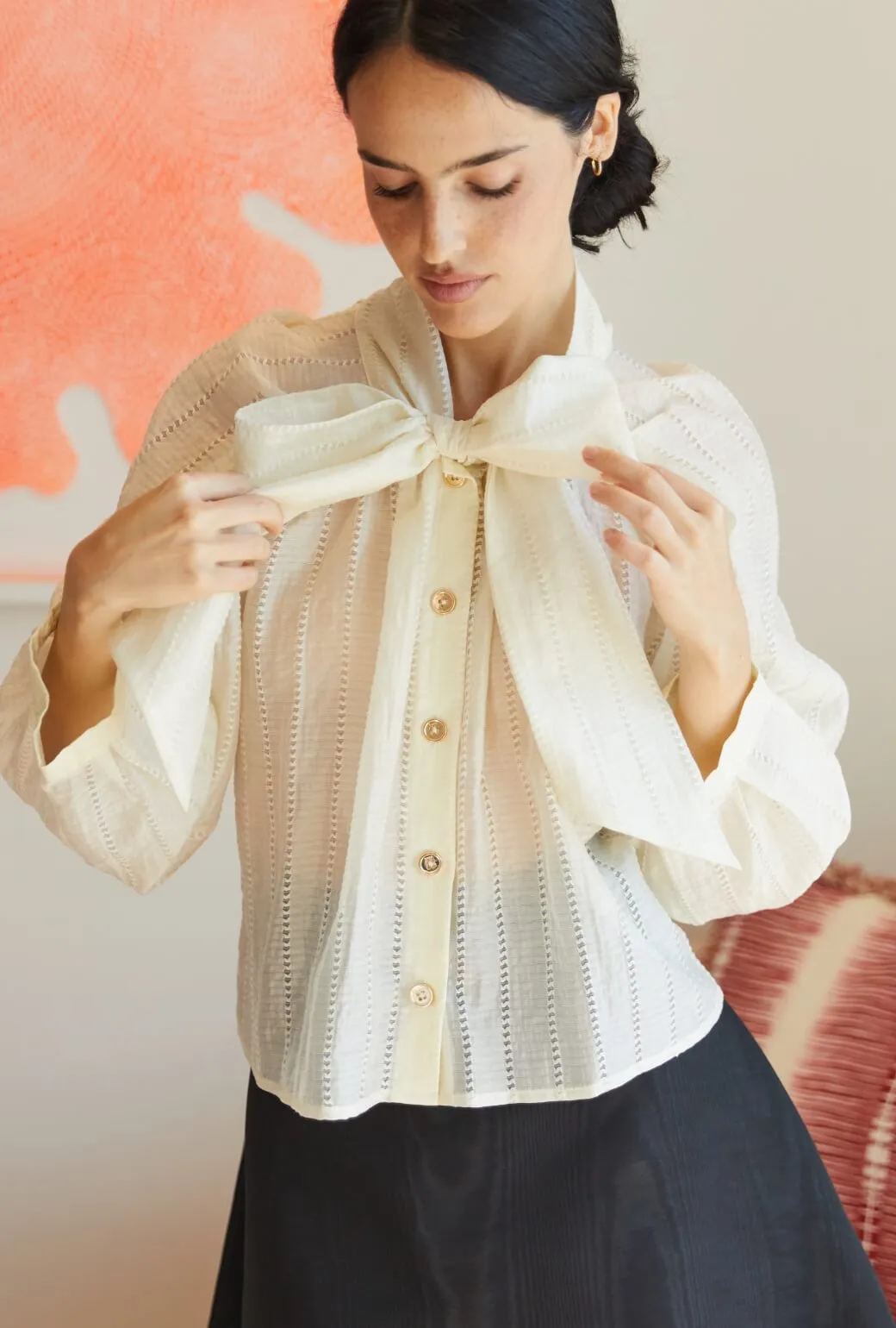 Non Chafe Armholes Cropped Big Bow Blouse - Sheer Ivory