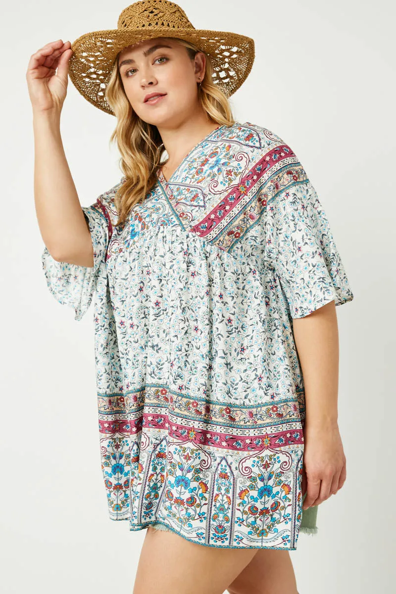 Tear Resistant Fiber Blend Border Print V Neck Bell Sleeve Tunic