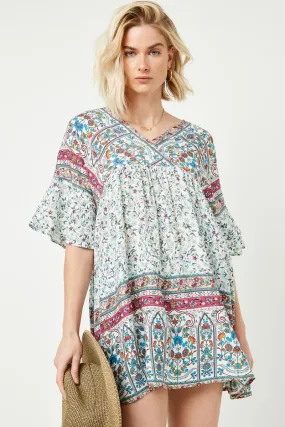 NonChafingTrim Border Print V Neck Bell Sleeve Tunic