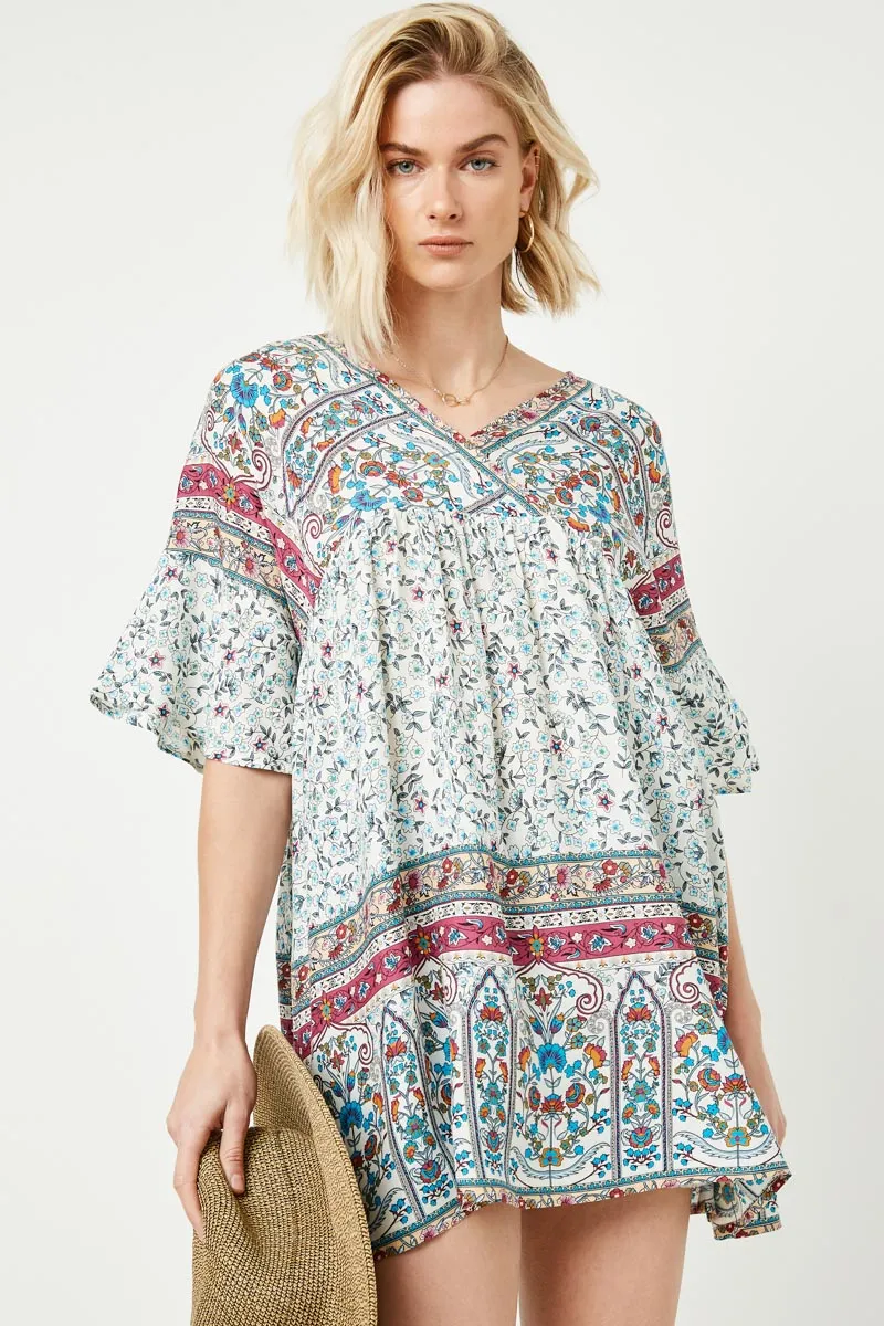 NonChafingTrim Border Print V Neck Bell Sleeve Tunic
