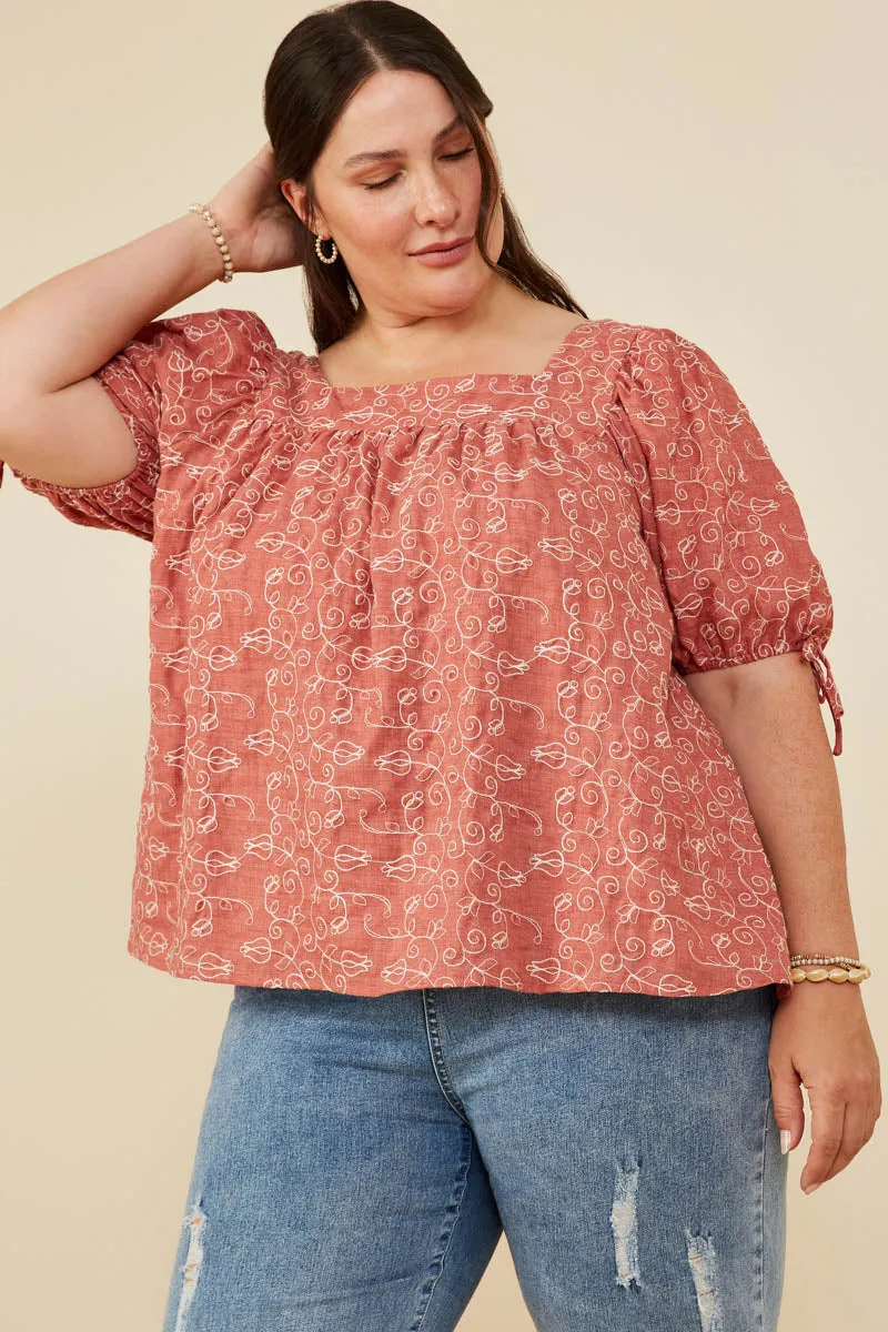 AntiBacterial Coating Botanical Embroidered Tie Sleeve Top