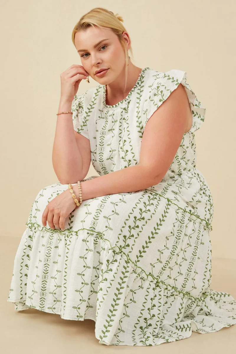 Floor-Length Botanical Embroidered Tiered Midi Dress