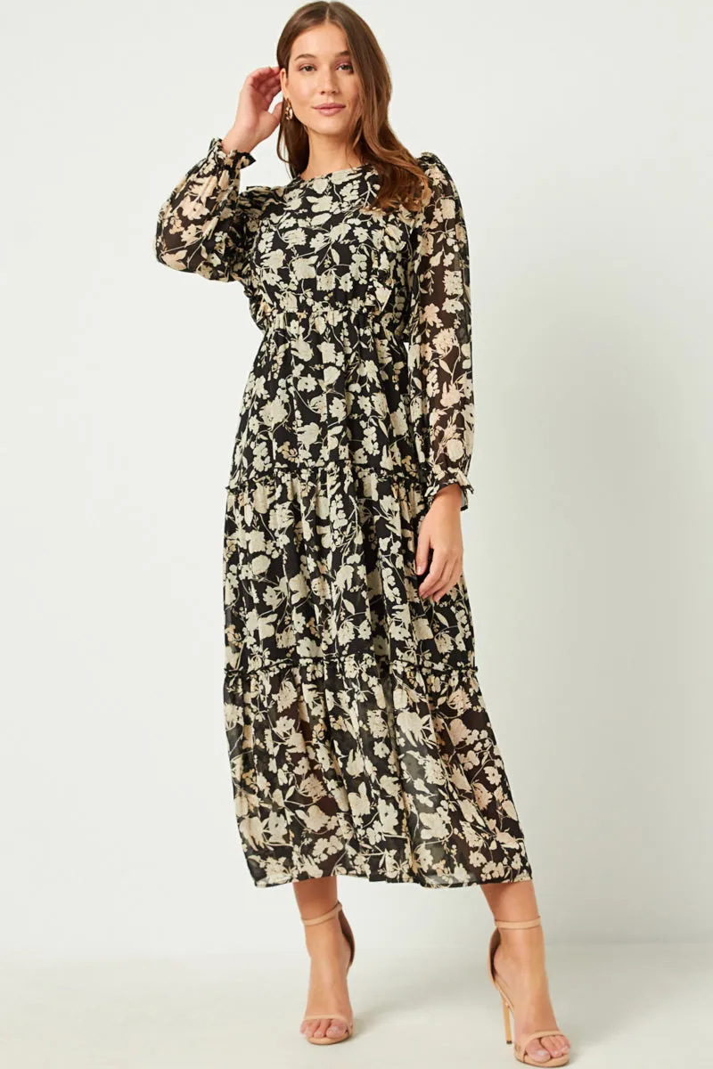 Botanical Print Chiffon Ruffled Maxi Dress Smooth Look Satin Grace