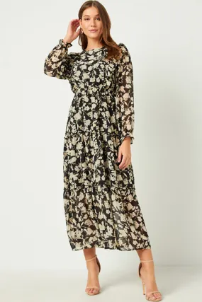 Botanical Print Chiffon Ruffled Maxi Dress Mood Comfort