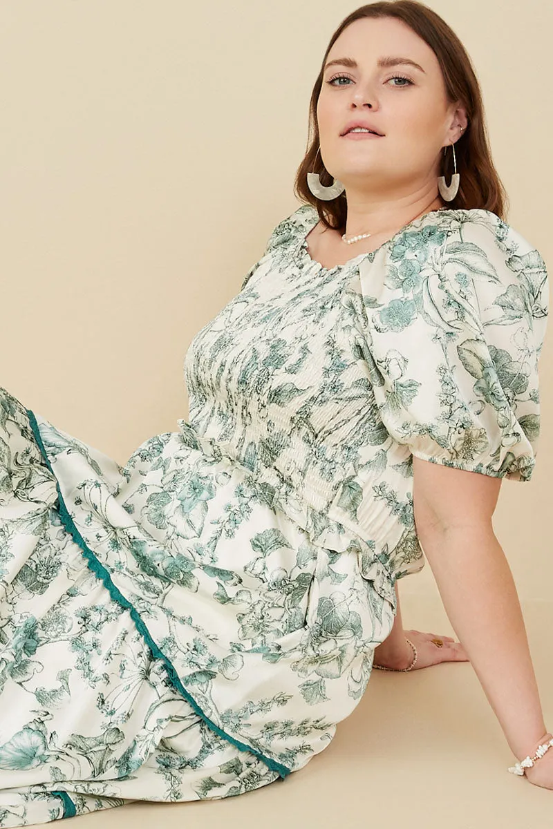 Botanical Print Lace Trimmed Satin Dress Casual Feel Lightweight-Comfort