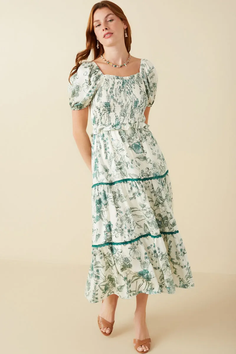 Vibrant Light Color-Blocked Botanical Print Lace Trimmed Satin Dress