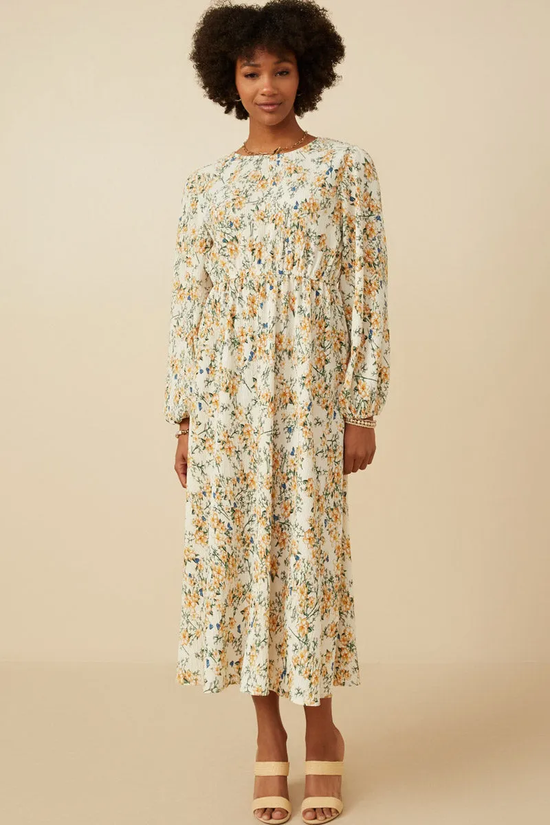 Botanical Print Puffed Long Sleeve Dress Cool Touch