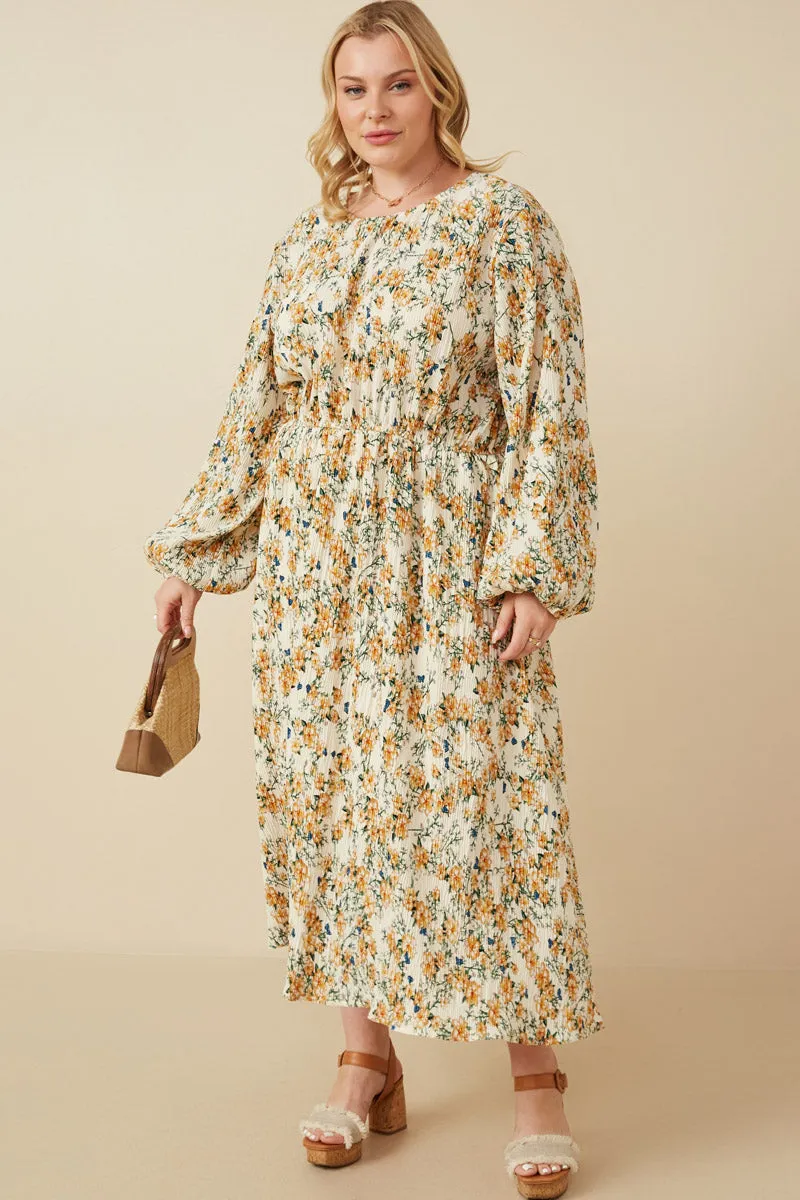 Simple Texture Botanical Print Puffed Long Sleeve Dress