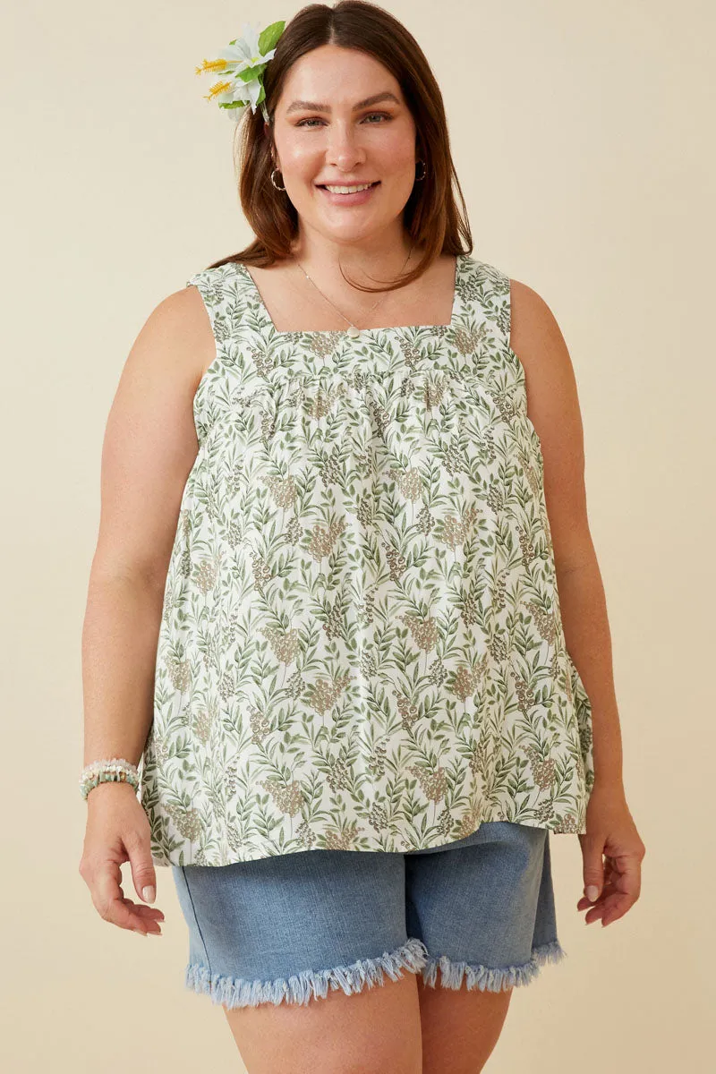 Botanical Print Square Neck Handerchief Tank Garment Dyed Finish Hidden Pocket Design