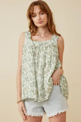 Elegant Look MultiPocket Configuration Botanical Print Square Neck Handerchief Tank