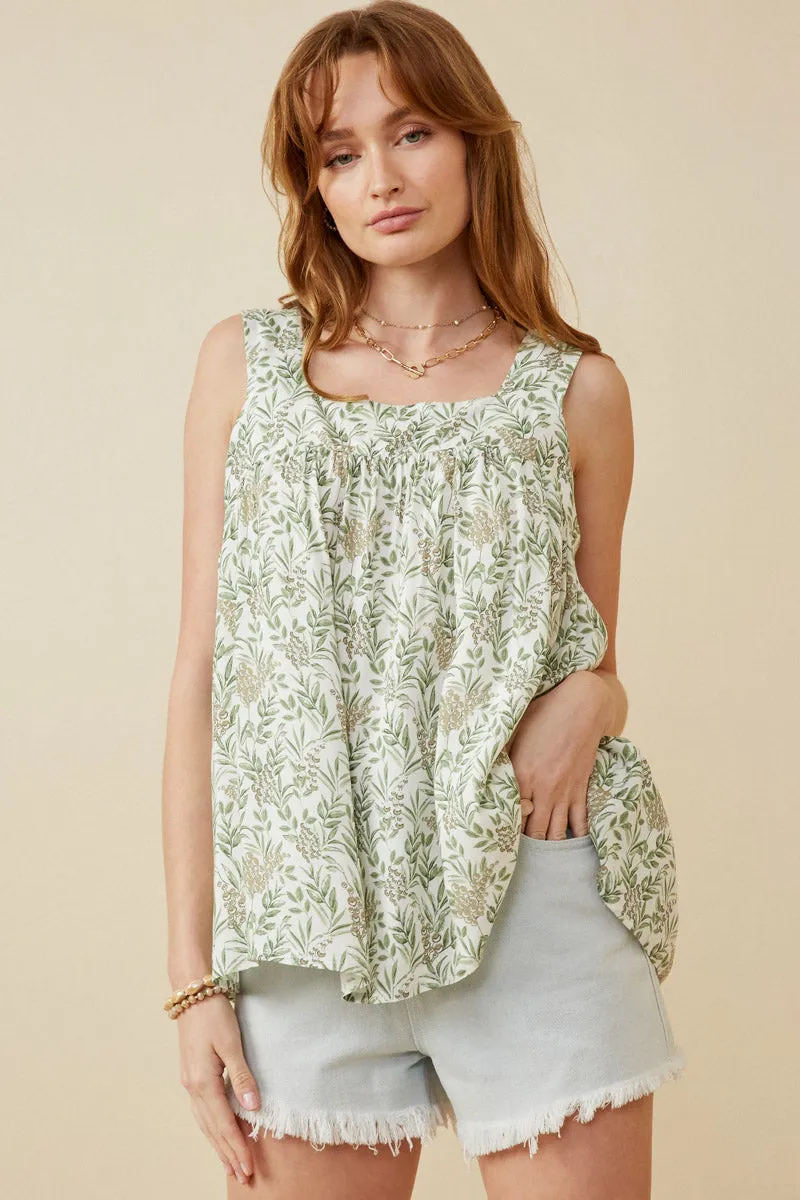 AllDay Comfort Design Botanical Print Square Neck Handerchief Tank