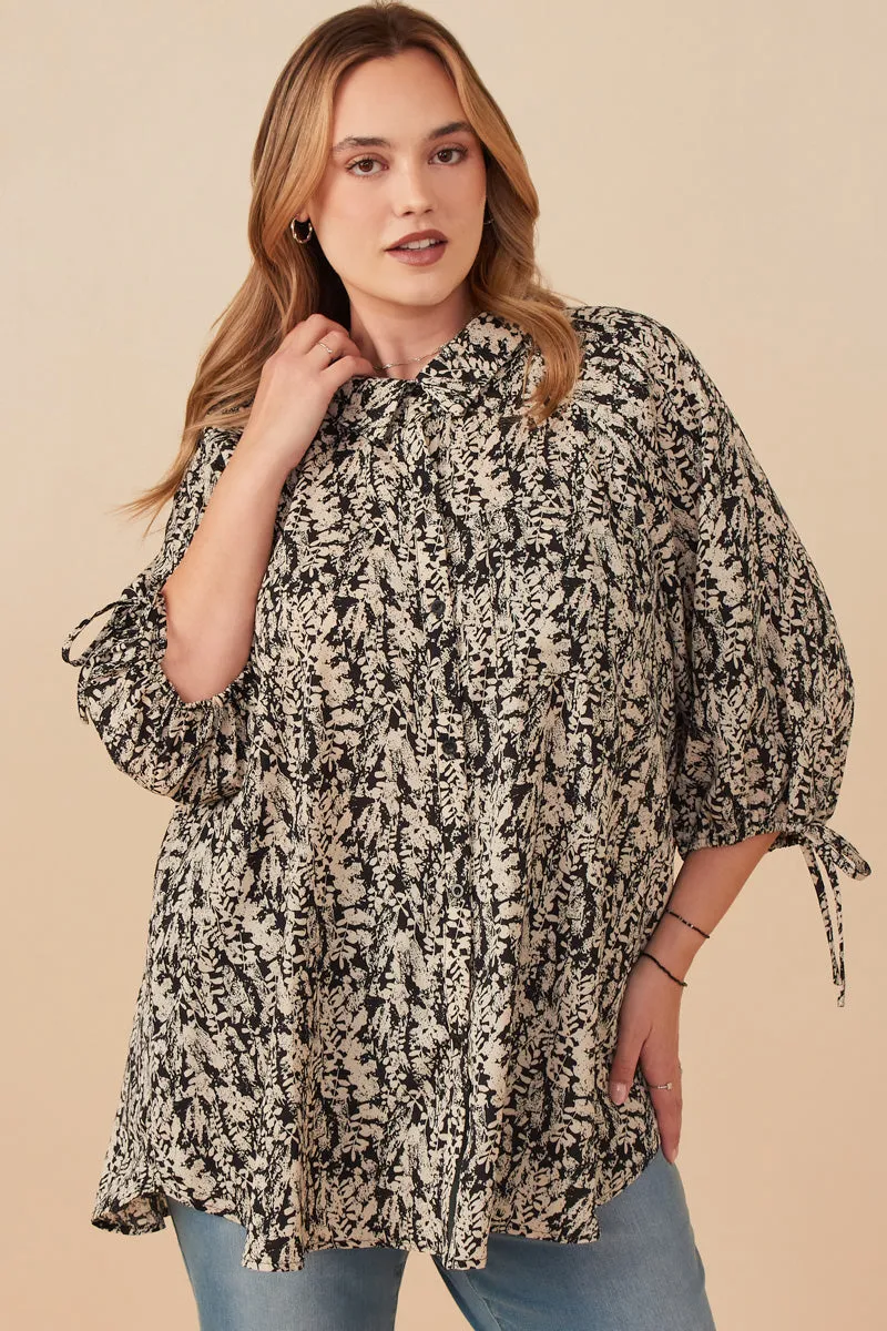 Botanical Print Tie Sleeve Oversized Button Down Shirt PlushLining Everyday Comfort