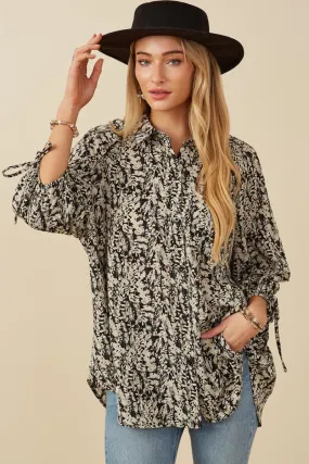 Cool and Breezy Multi Panel Construction Botanical Print Tie Sleeve Oversized Button Down Shirt