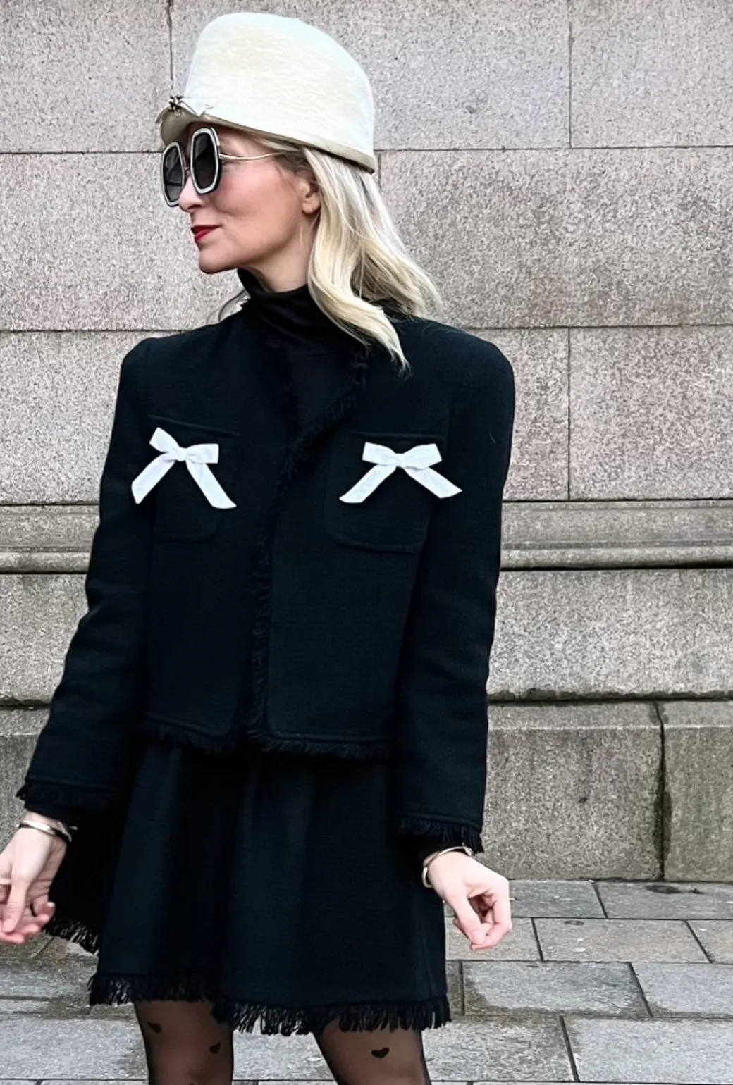 Cashmere Blend Bow Blazer - Black Tweed