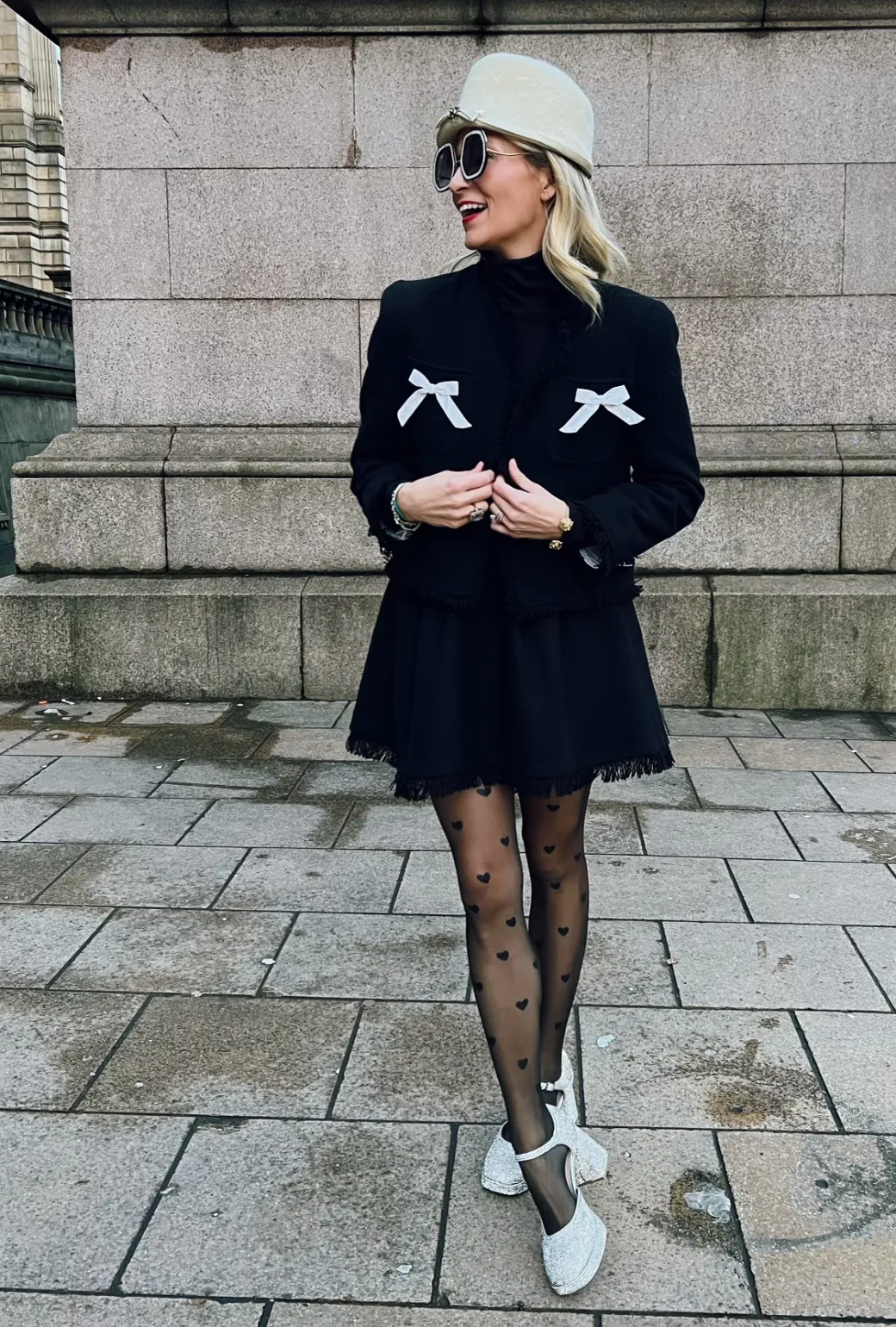 Hidden Zipper Bow Blazer - Black Tweed