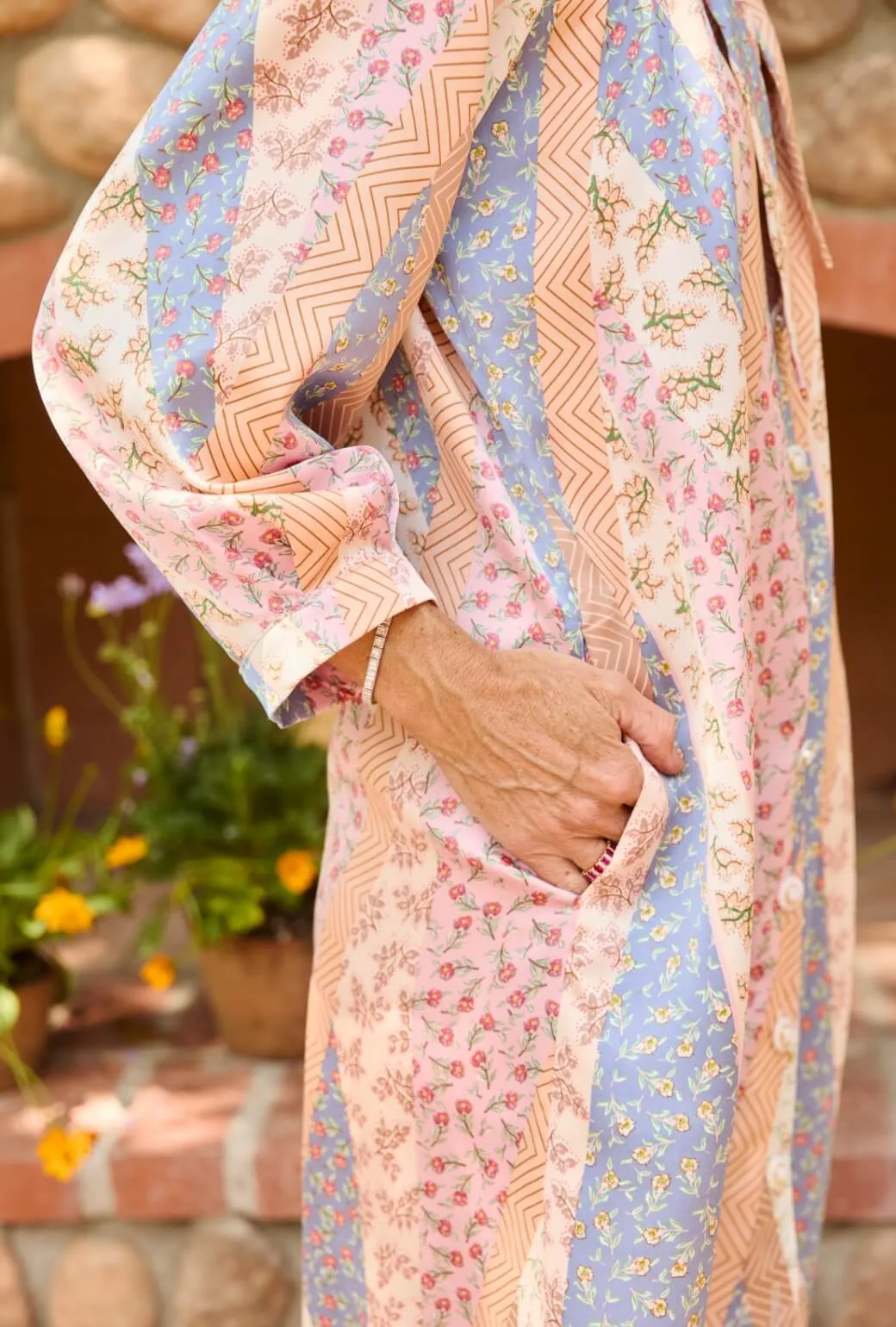 Bow Housecoat - Patchwork Pink slim fit RollUpSleeves