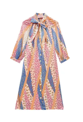 Bow Housecoat - Patchwork Pink Non Restrictive Mobility Retro Style