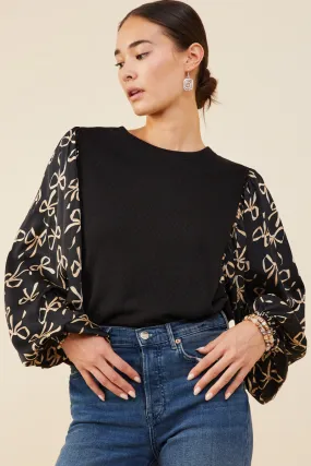 Bow Print Contrast Puff Sleeve Mix Media Top SoftBrushed