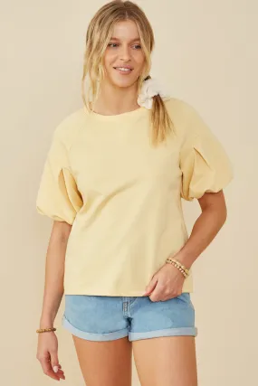 Box Pleat Puff Sleeve French Terry Top Biodegradable material Ribbed Hemline