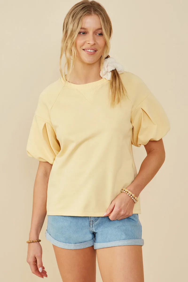 GarmentDyed MinimalistSilhouette Box Pleat Puff Sleeve French Terry Top