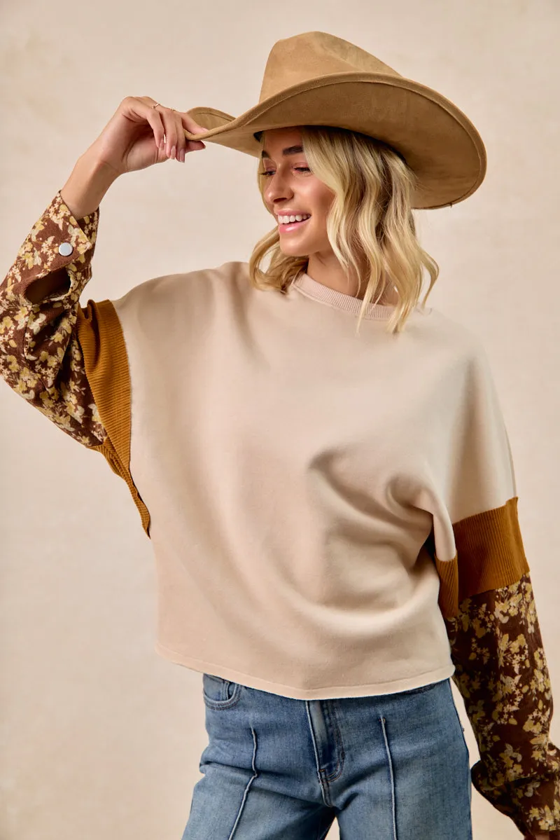 PermeableCloth Twill Weave Texture IT4603S-04 | FRENCHTERR WITH FLORAL CORDUROY SLEEVES TOP