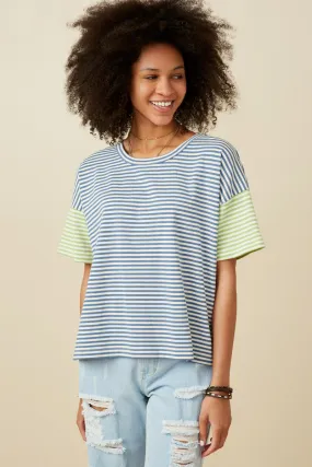 Minimalist Silhouette Cut Contrast Sleeve Drop Shoulder Knit Stripe Tee