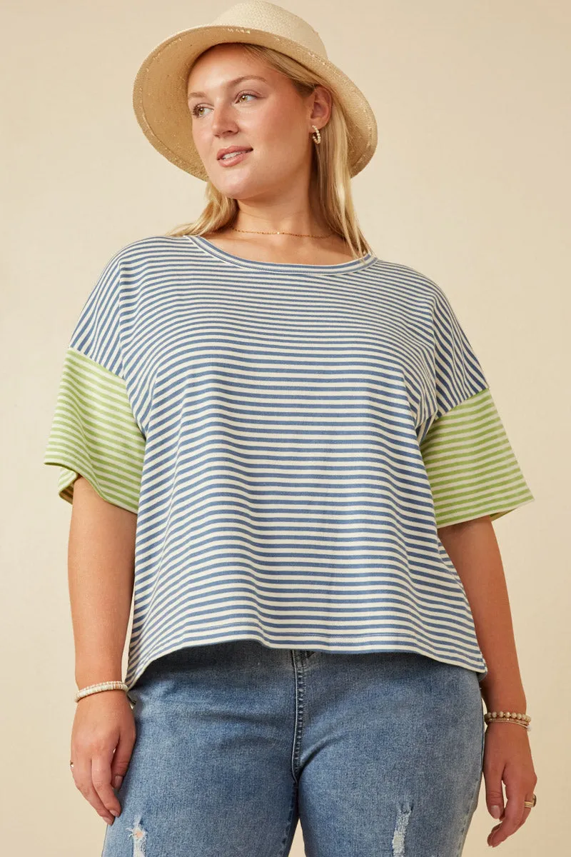 Contrast Sleeve Drop Shoulder Knit Stripe Tee NaturalFiberBlend