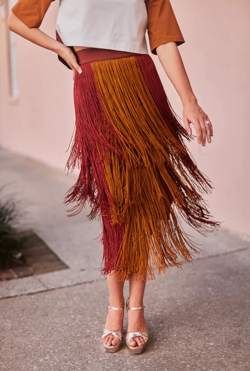 UVProtectiveLayer Functional Waist Color Block Fringe Skirt- Rust