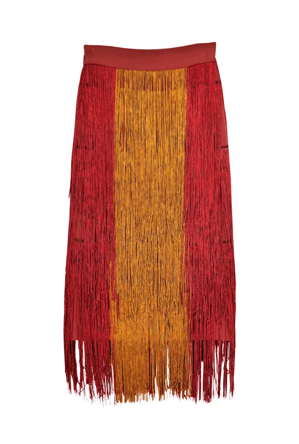 Flexible Gusset Design Weekend Ready Color Block Fringe Skirt- Rust